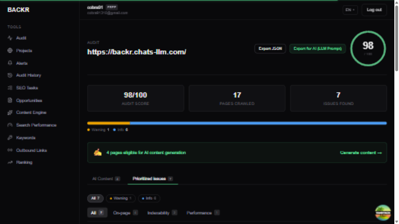BACKR dashboard showing SEO audit results